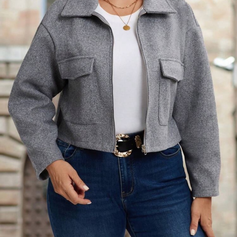 Gray Utility Jacket with Collared Neckline and Full Zipper